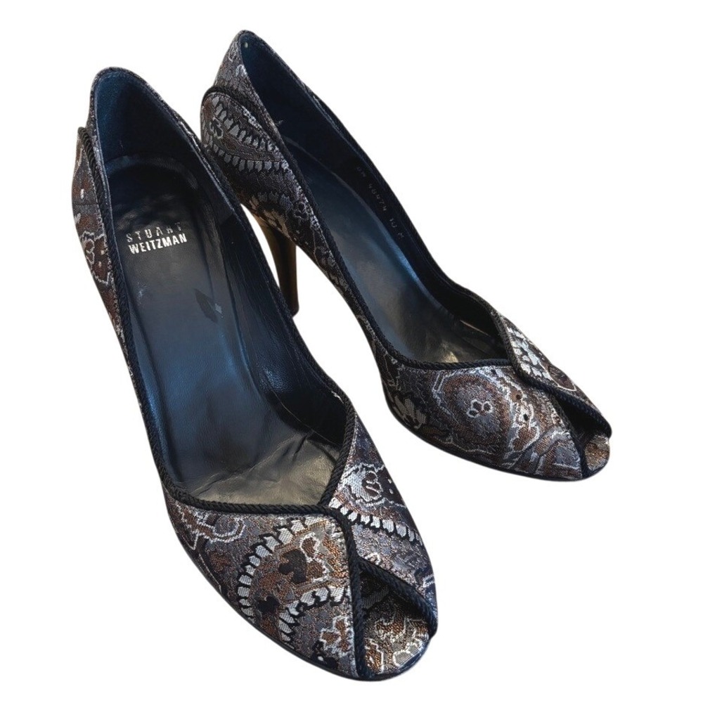 Stuart Weitzman Pumps Shoes 10 Metallic Paisley Peep Toe Stiletto Brocade Heels